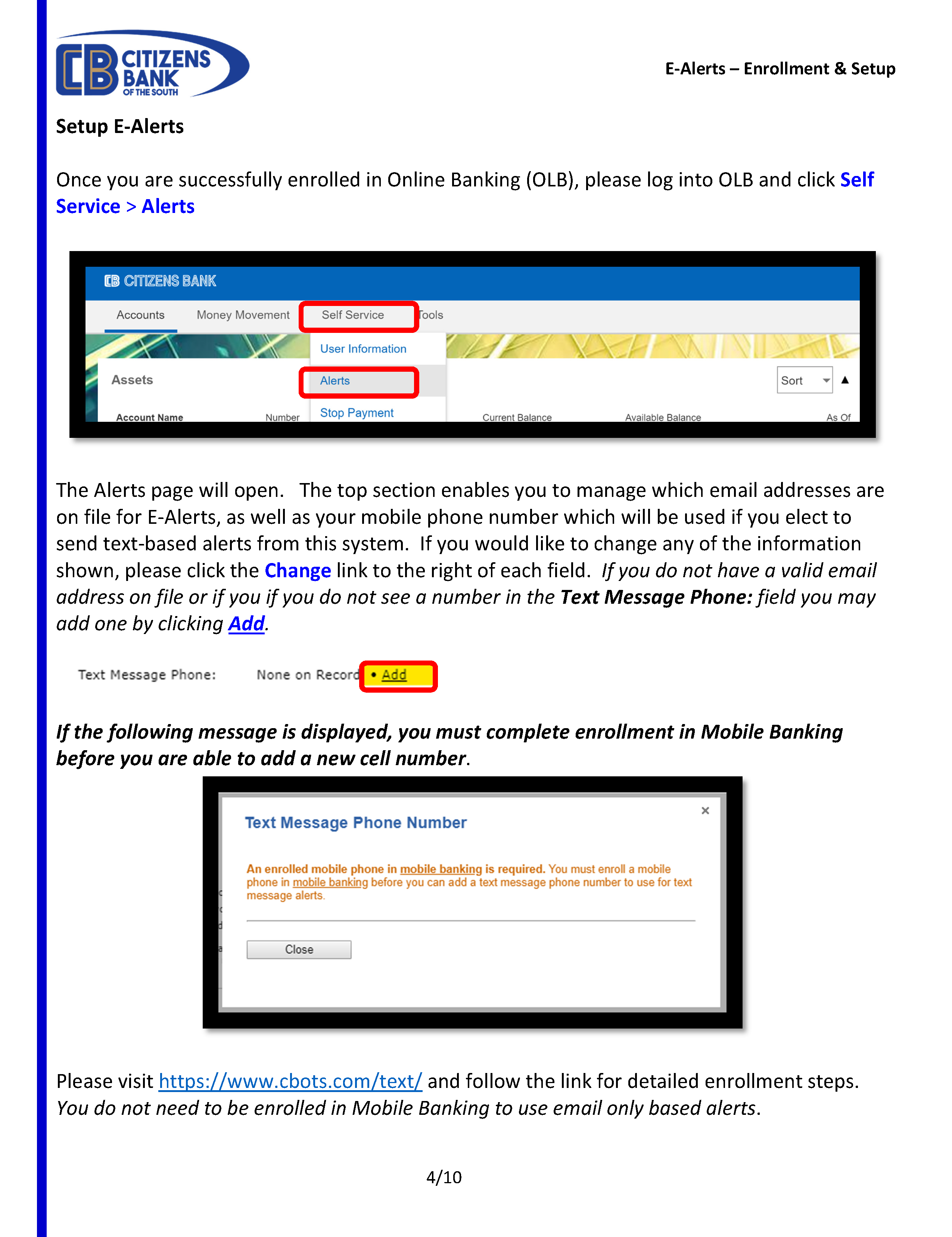 Online Banking OLB E Alerts Citizens Bank of the South