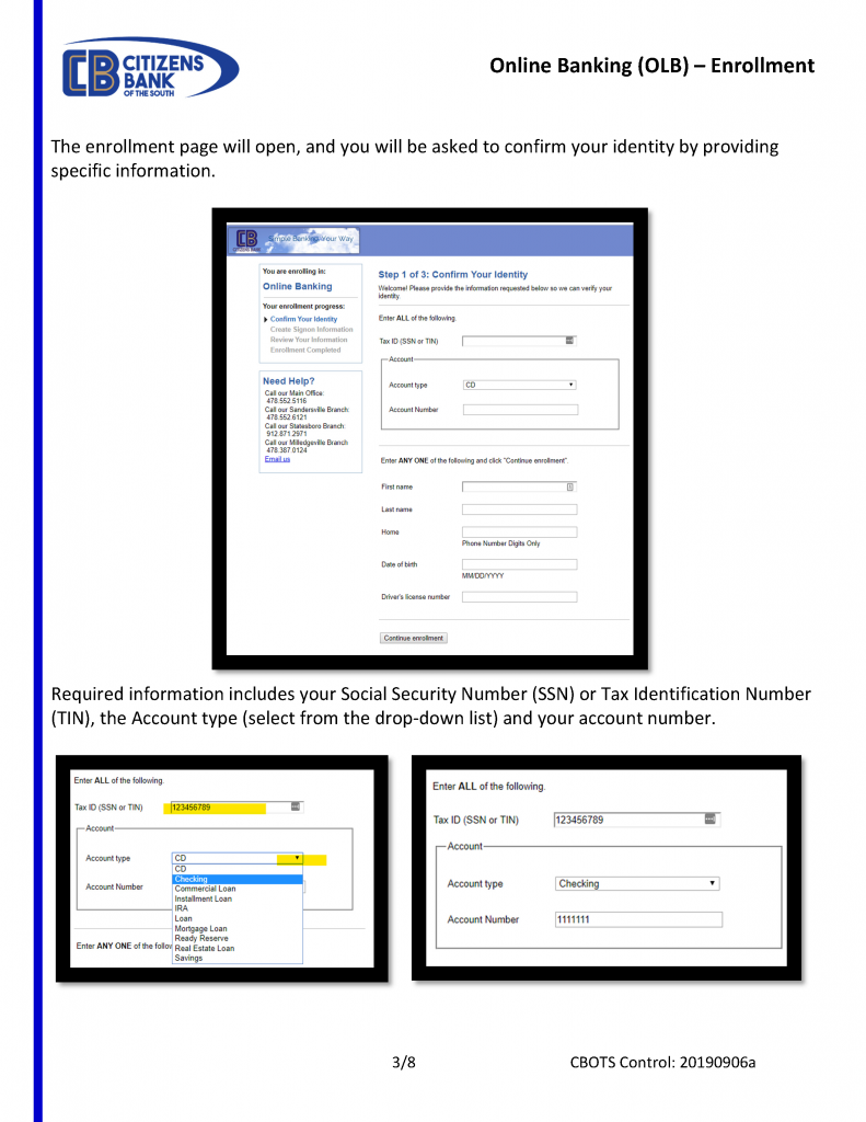 Online Banking (OLB) SelfEnrollment Citizens Bank of the South